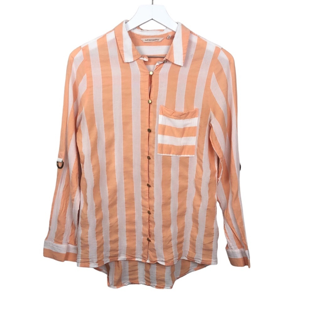Soft Surroundings Orange White Capri Stripe Button Down Shirt Size S